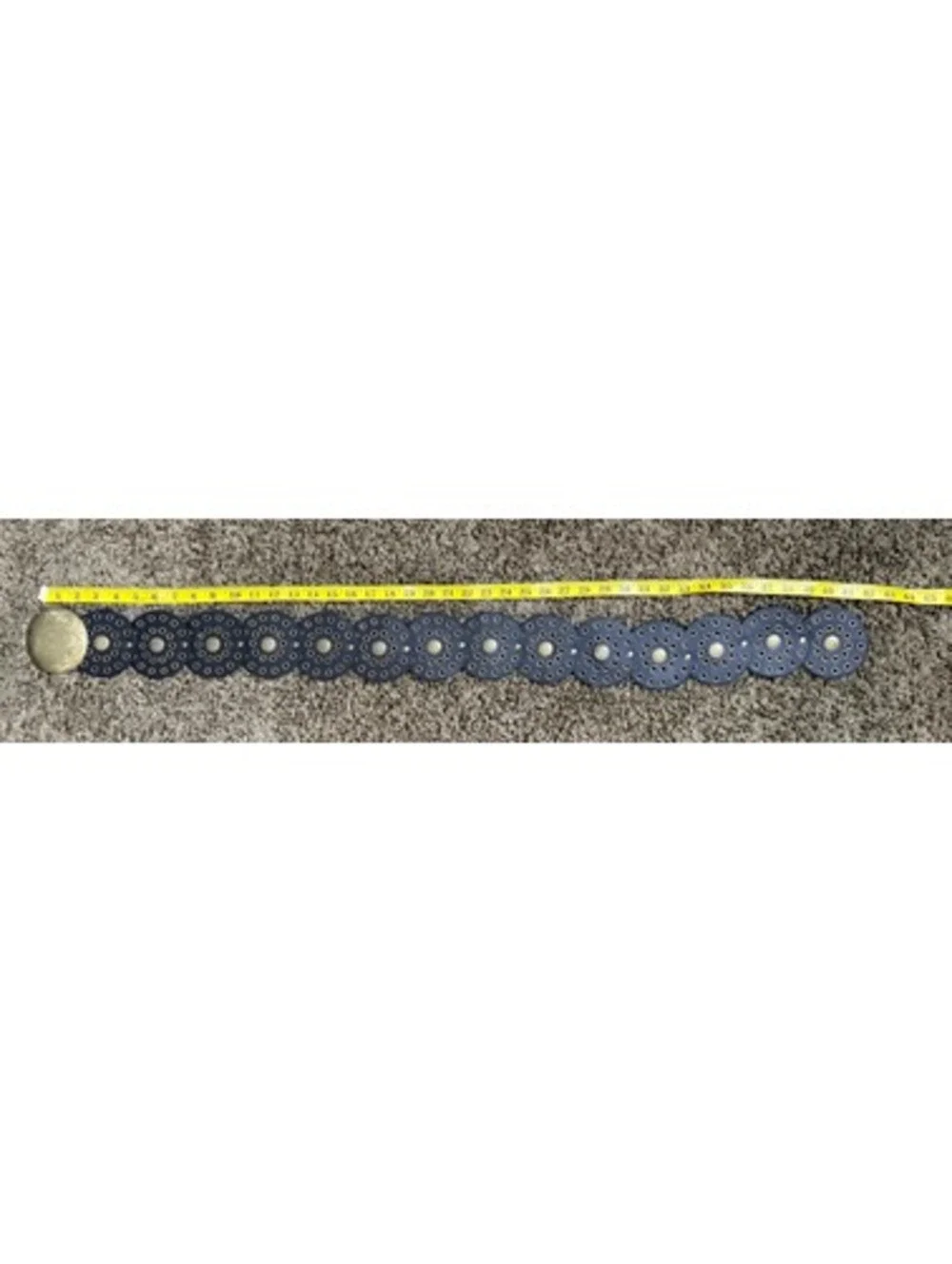 Vintage Y2K Statement Belt Black Disc + Brass Buckle and Grommet L/XL Hip Belt